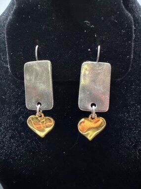 Vintage Silver & Gold Dangling Heart Earrings With Rectangular Accents Boho Styl